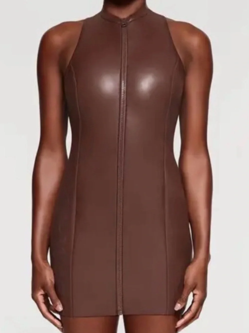**RARE**SKIMS Rubberized Mock Neck, ZIP UP Swim Dress NWT in Cocoa